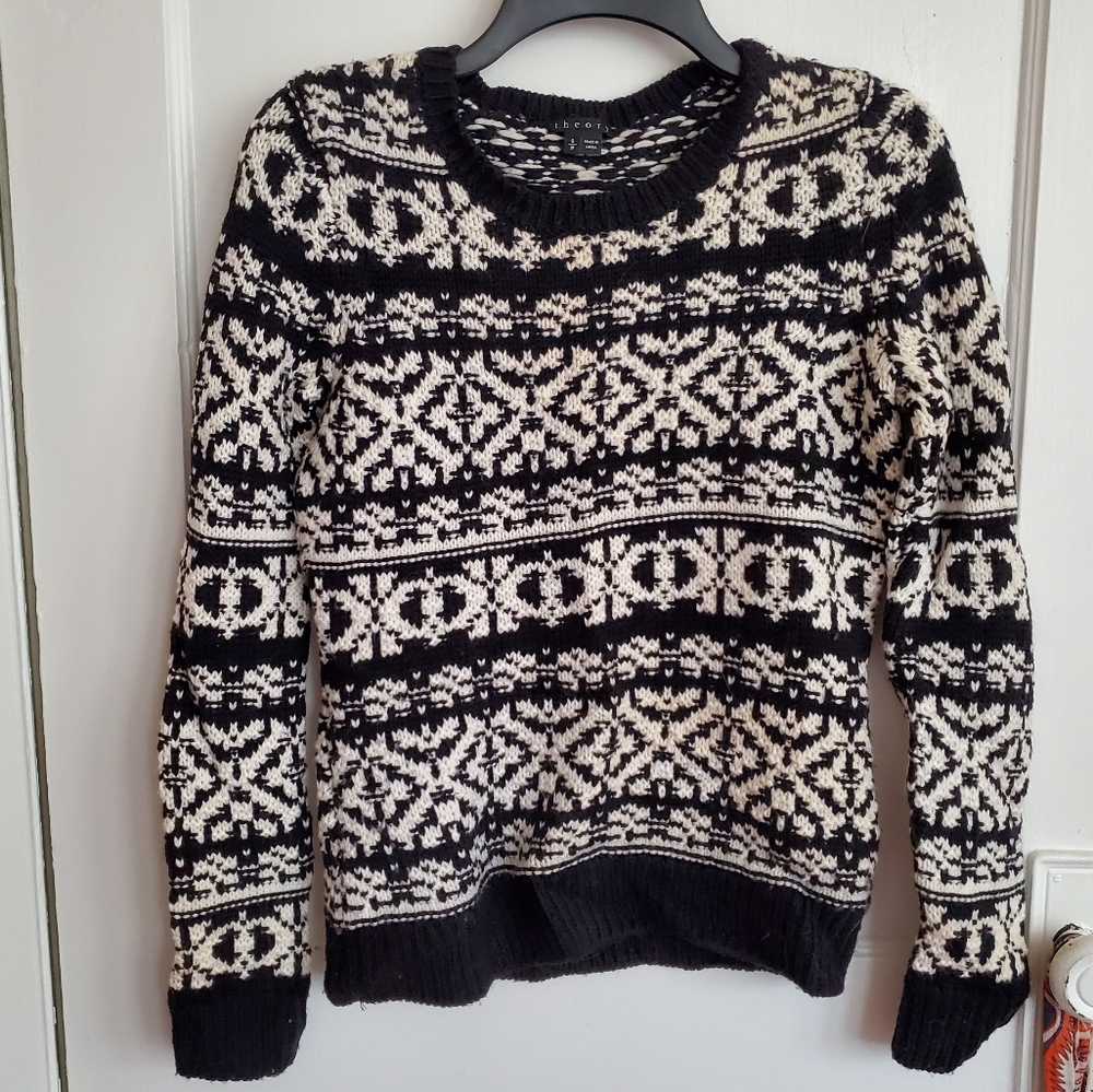 Theory soft wool ski sweater black white crewneck S P